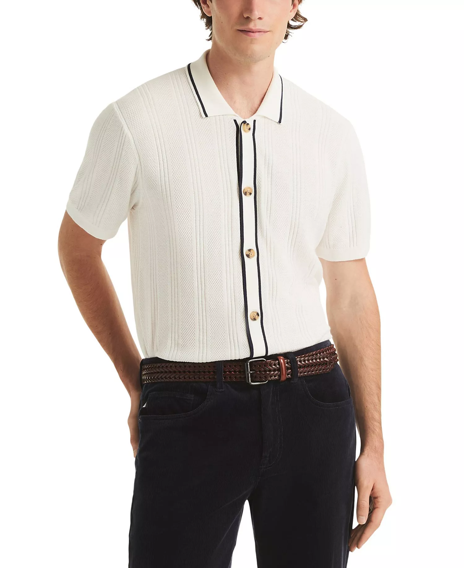 mni-7daebf394d993c87dddc647a13e102dd Men's Textured Open Front Polo Sweater