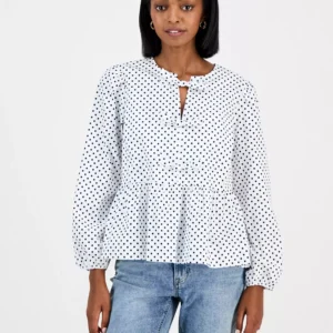 Nautica Women's Dot-Print Bow-Trim Cotton Peplum Blouse