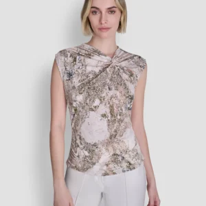 Women's Sleeveless Printed Asymmetrical Neck Knit Top