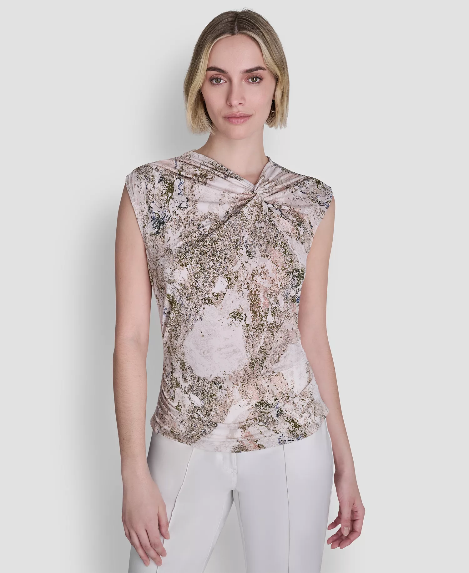 mni-7dbd16980b150a9c0d84e779b647d302 Women's Sleeveless Printed Asymmetrical Neck Knit Top