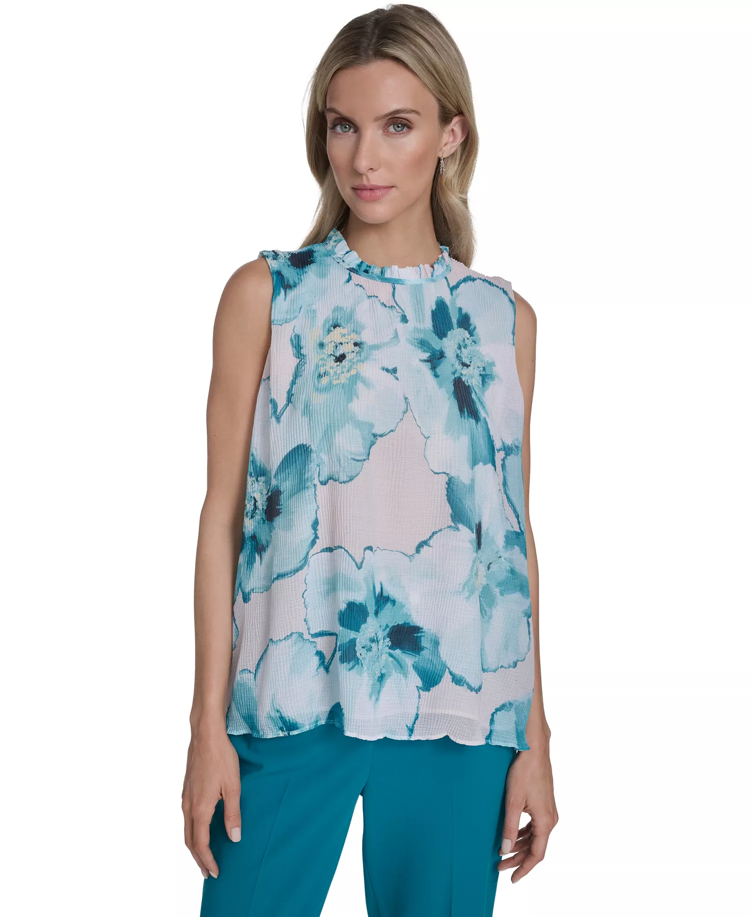 mni-7e394bbd3a7013bb5a255036e6428d81 Women's Textured Ruffle Neck Top