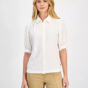 Women's Checked Short-Sleeve Smocked Blouse
