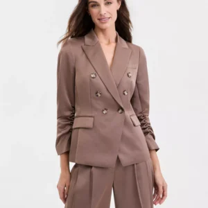 Women's Matte Satin Double-Breasted Scrunch-Sleeve Blazer