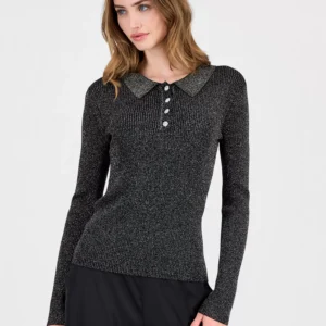 Women's Collared Ribbed Metallic Top