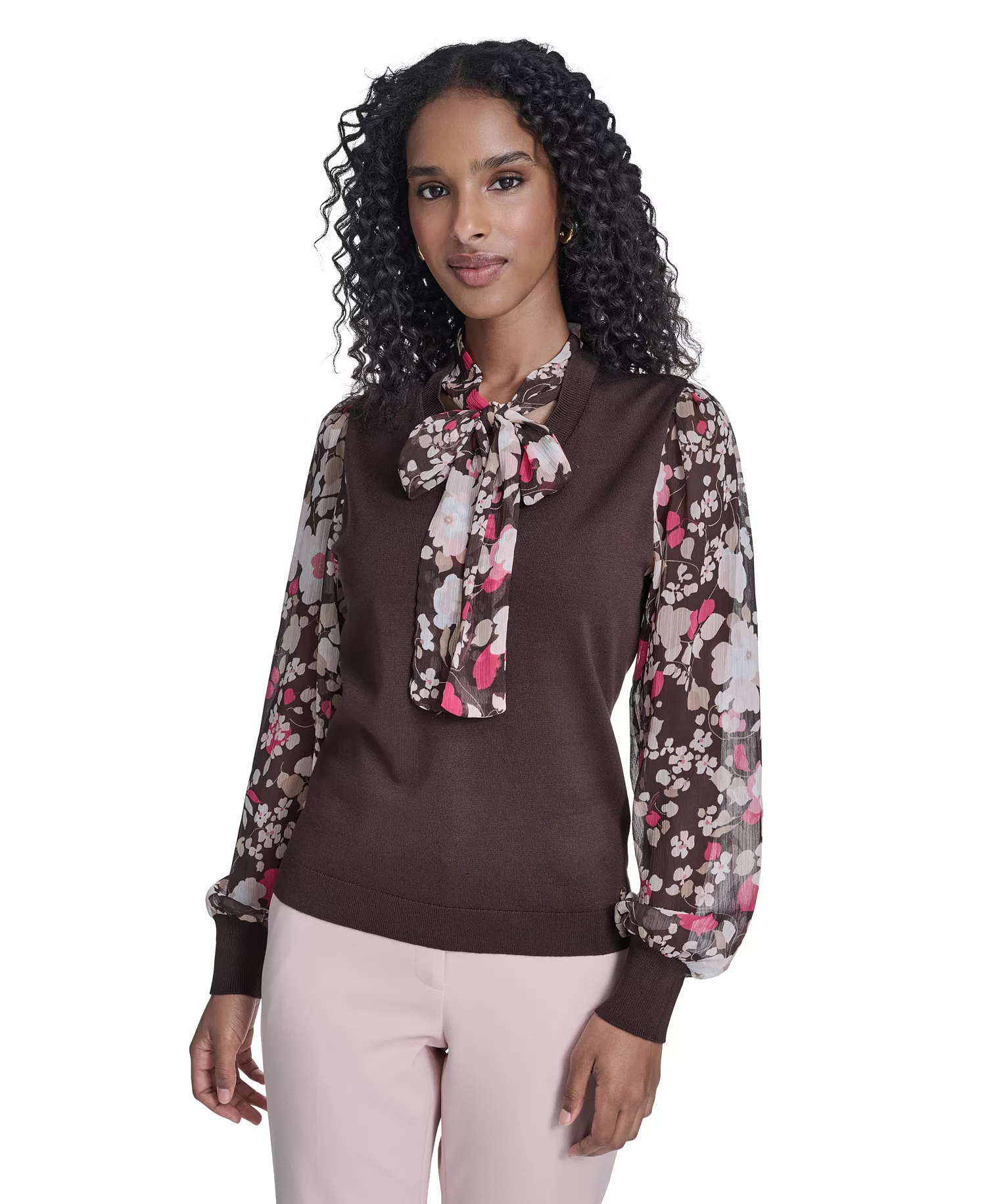 mni-810a8d4666e72bcf0a4690b3fc37aba4 Women's Mixed Media Tie Neck Sweater