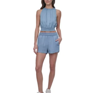 Women's Chambray High Rise Dolphin-Hem Shorts
