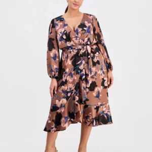 Plus Size Floral Print Faux-Wrap Midi Dress