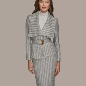 Women's Draped Lapel Collar Belted Sequin Detail Jacket