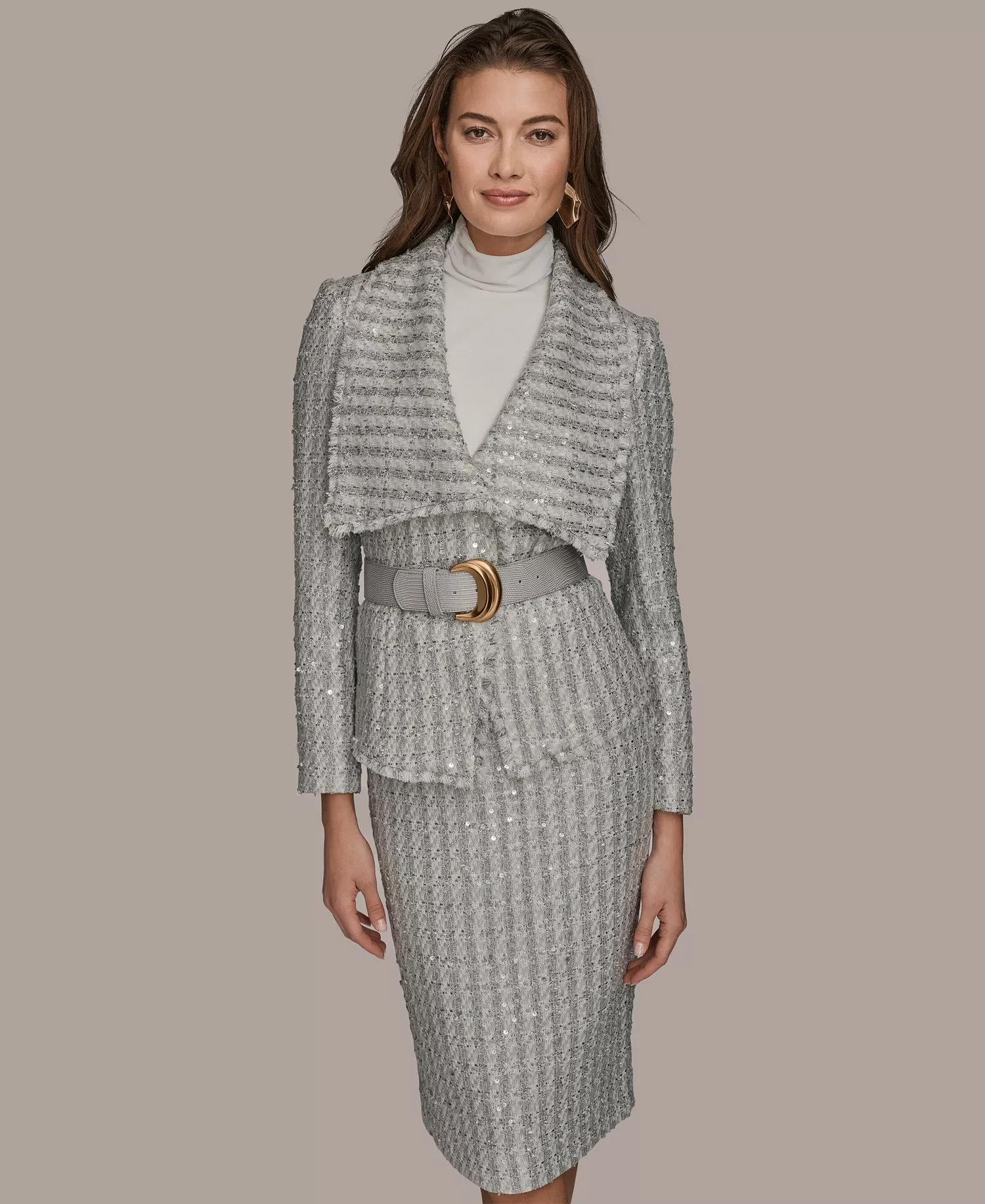 mni-84d29bfe66599c5121f224e53fd6895c Women's Draped Lapel Collar Belted Sequin Detail Jacket