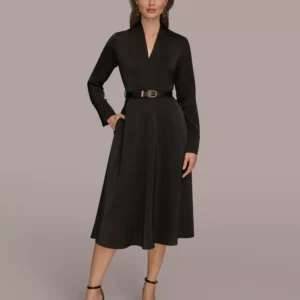 Women's Satin V-Neck Belted A-Line Midi Dress