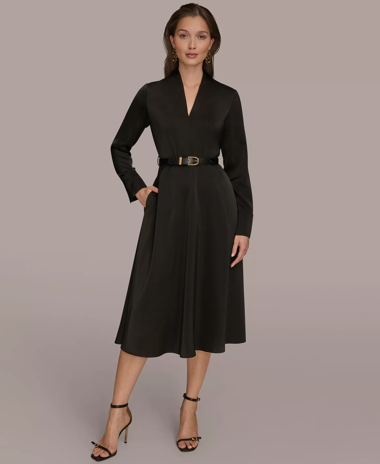 mni-8514b9d4fed26e9fccc498f036068566 Women's Satin V-Neck Belted A-Line Midi Dress