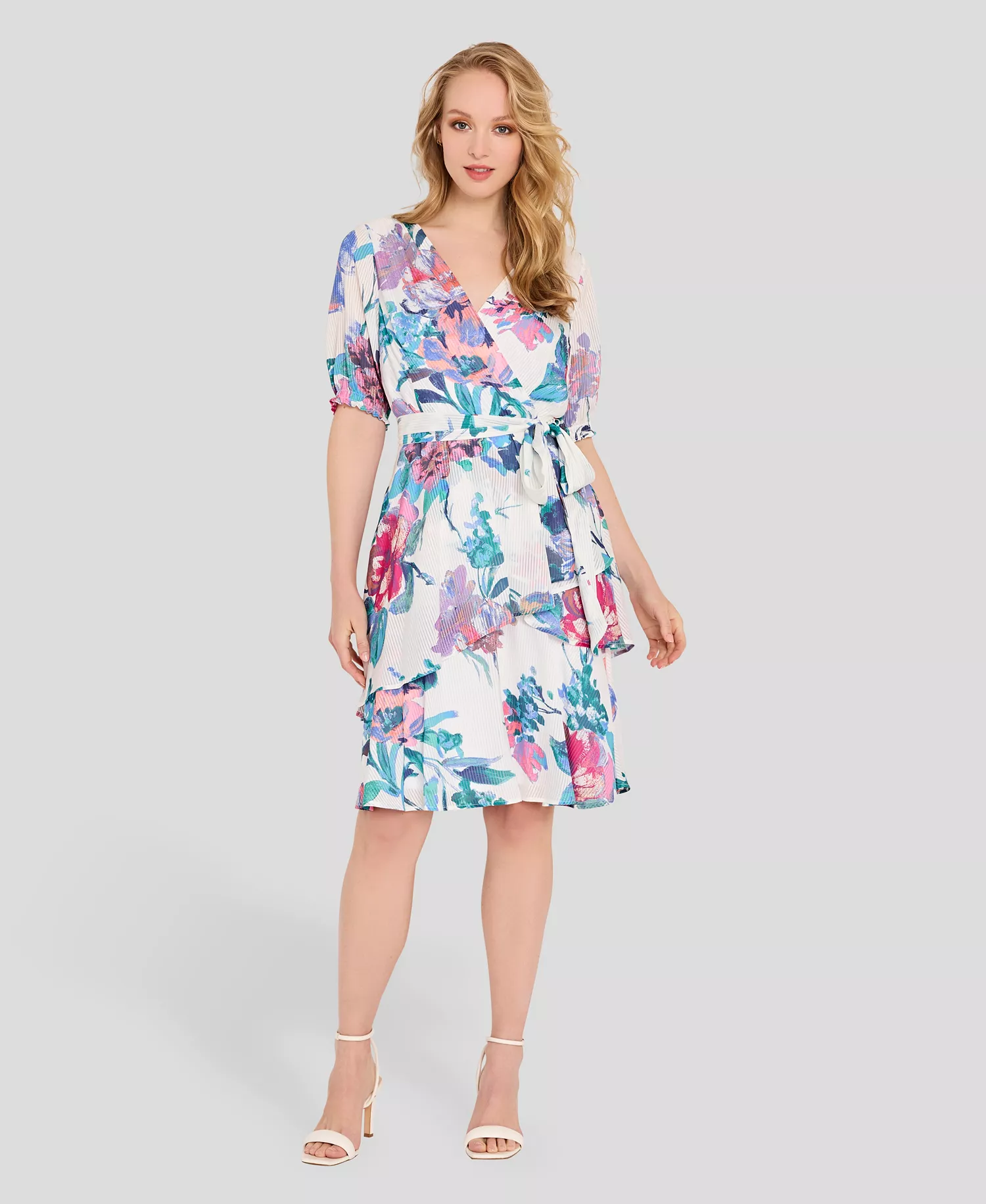 mni-8c65cf33874e693c45819b08491ef264 Women's Faux Wrap Printed Ruffle Hem V-Neck Dress