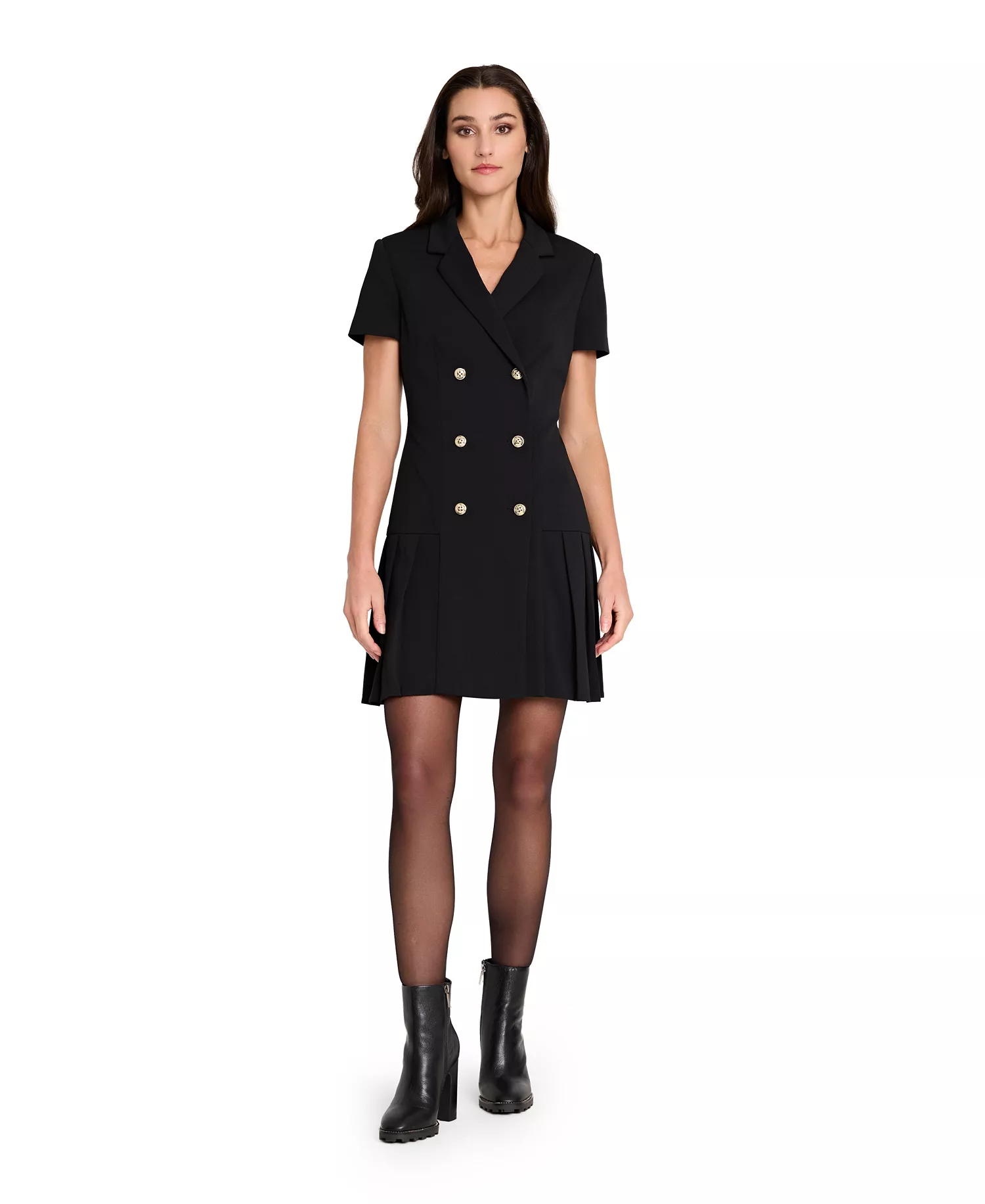 mni-8da2e215206e71855b470155f757c977 Women's Double Breasted Pleat Hem Short-Sleeve Coat Dress