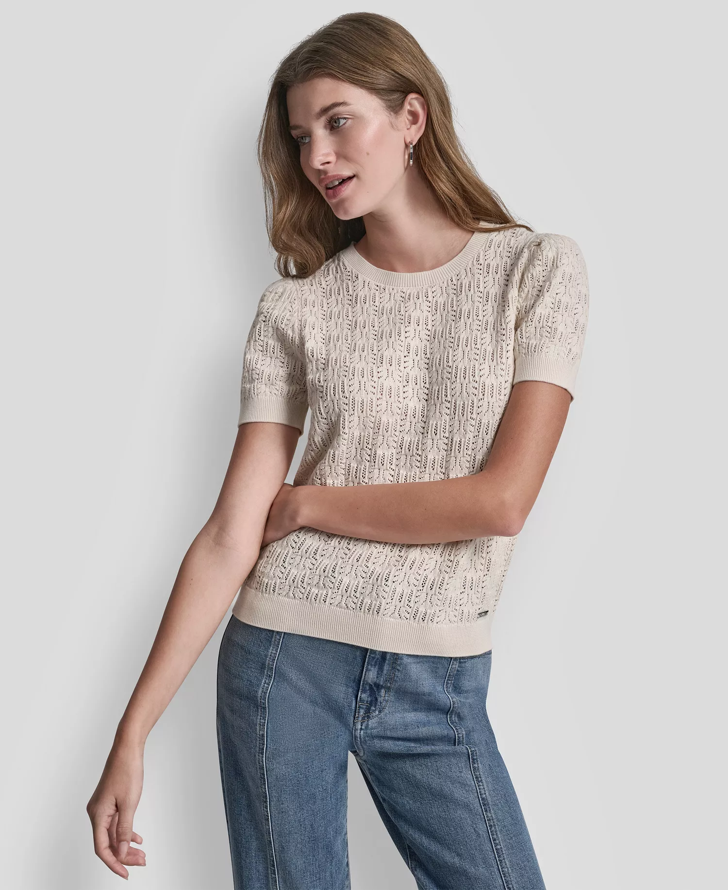 mni-8dc7074514858270f3055277e6759eda Women's Short Sleeve Crew Neck Lace Pointelle Sweater — изображение 3