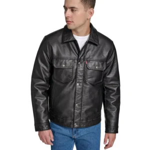 Men's Faux Leather Trucker Jacket