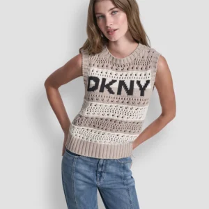 Women's Crew Neck Striped Pointelle Stitch Sweater