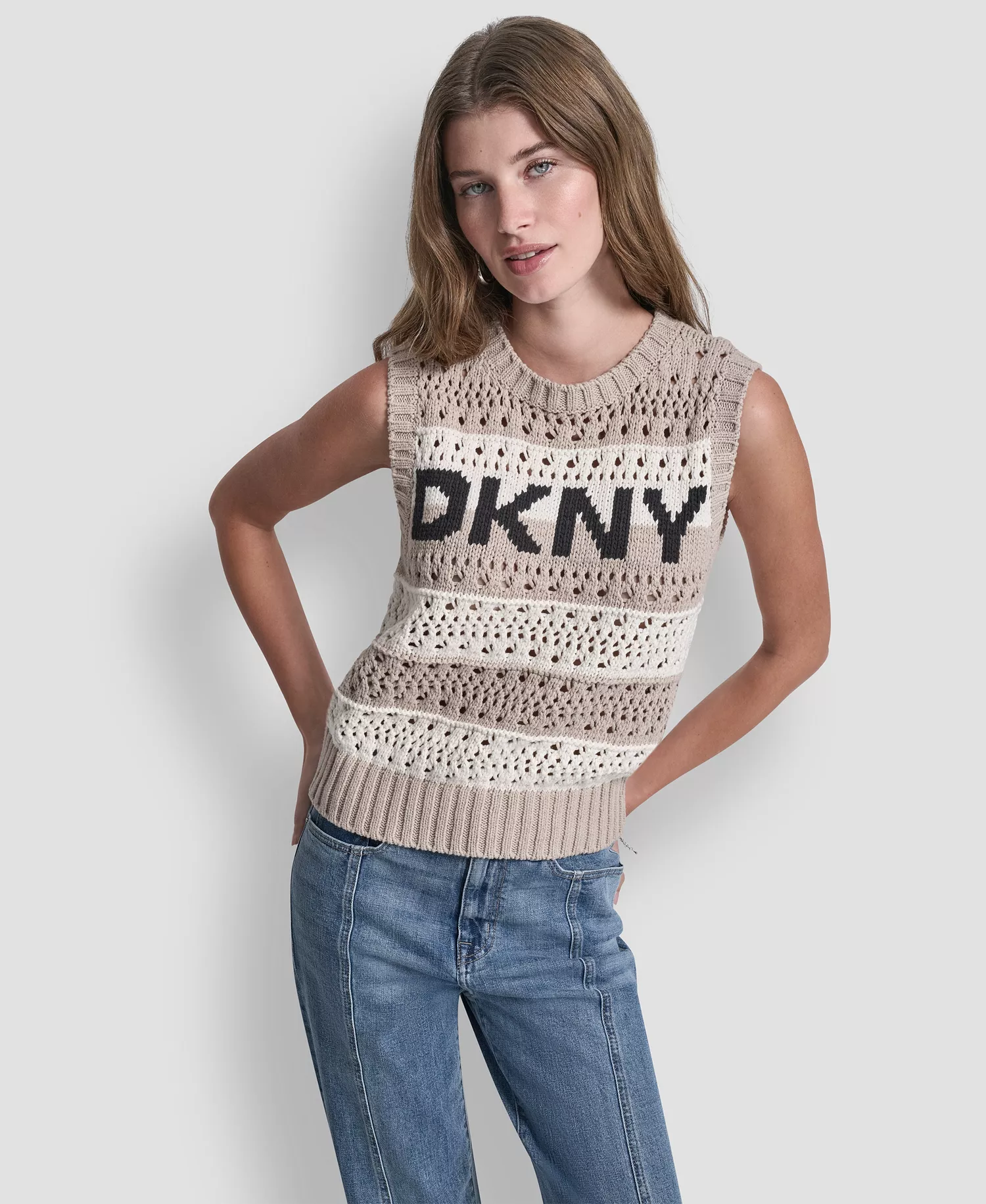mni-8f6836e9e12575a8ce86ca85f591ace2 Women's Crew Neck Striped Pointelle Stitch Sweater