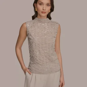 Women's Mock Neck Foil Printed Ruched Sweater