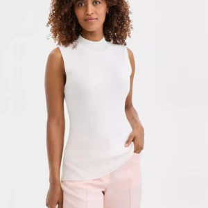 Women's Twill One-Button Peak-Lapel Blazer, Sleeveless Mock-Neck Sweater & Mid-Rise Bell-Bottom Pants