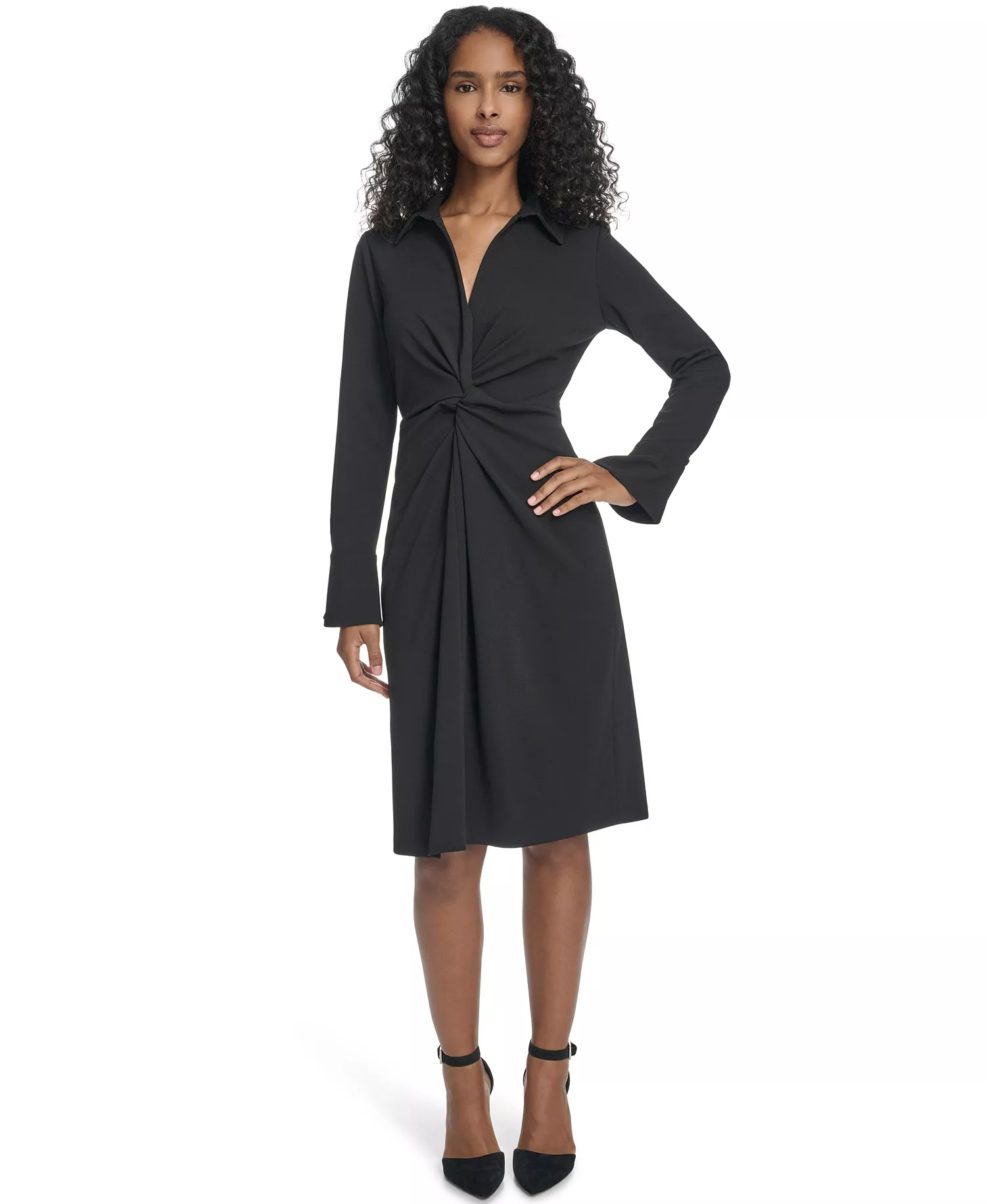 mni-9ac05ba7fde01e50d8497b8c8440efe4 Women's Petite Collar Long-Sleeve Midi Shirtdress
