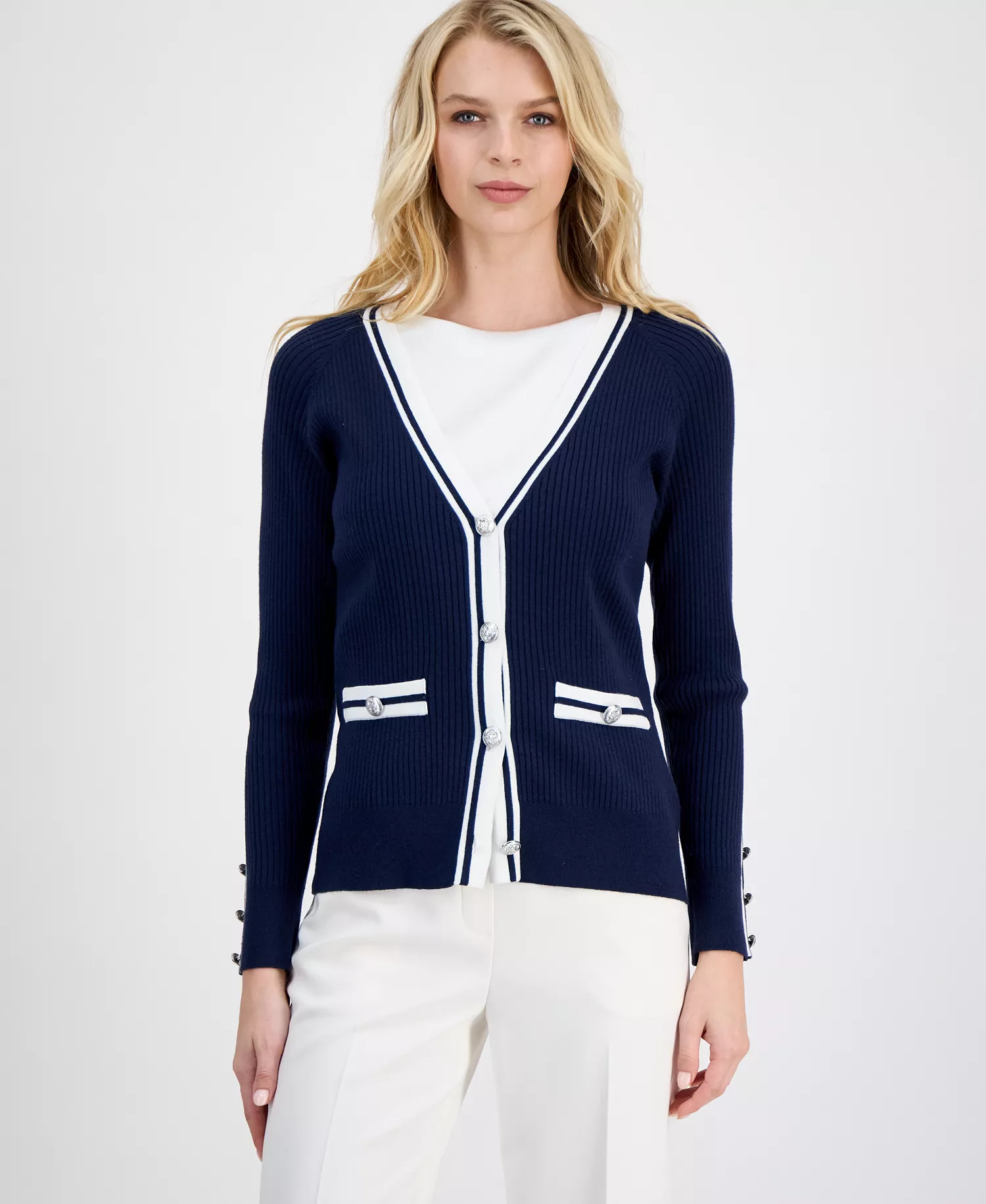 mni-9bcaad74e2d282f1ab43ca54b5c9366d Women's Contrast-Trim Ribbed Knit Button-Front Cardigan