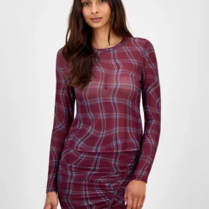 Women's Plaid Mesh Long-Sleeve Top, Macy's Exclusive
