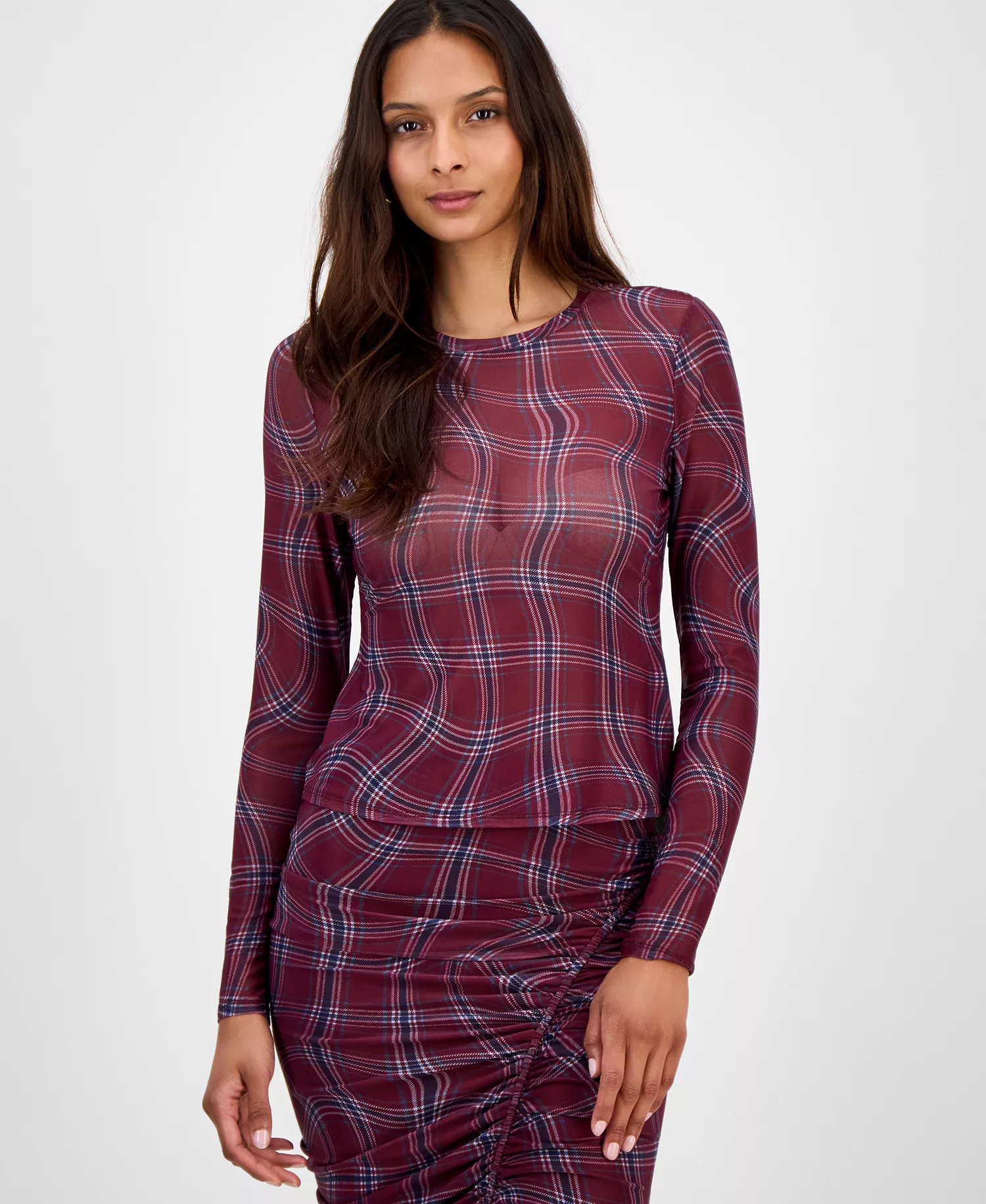 mni-9bf435f2363ca9ab41a345551c755246 Women's Plaid Mesh Long-Sleeve Top, Macy's Exclusive
