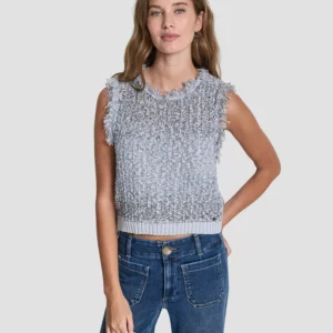 Women's Sleeveless Tweed Fringe Trimmed Sweater