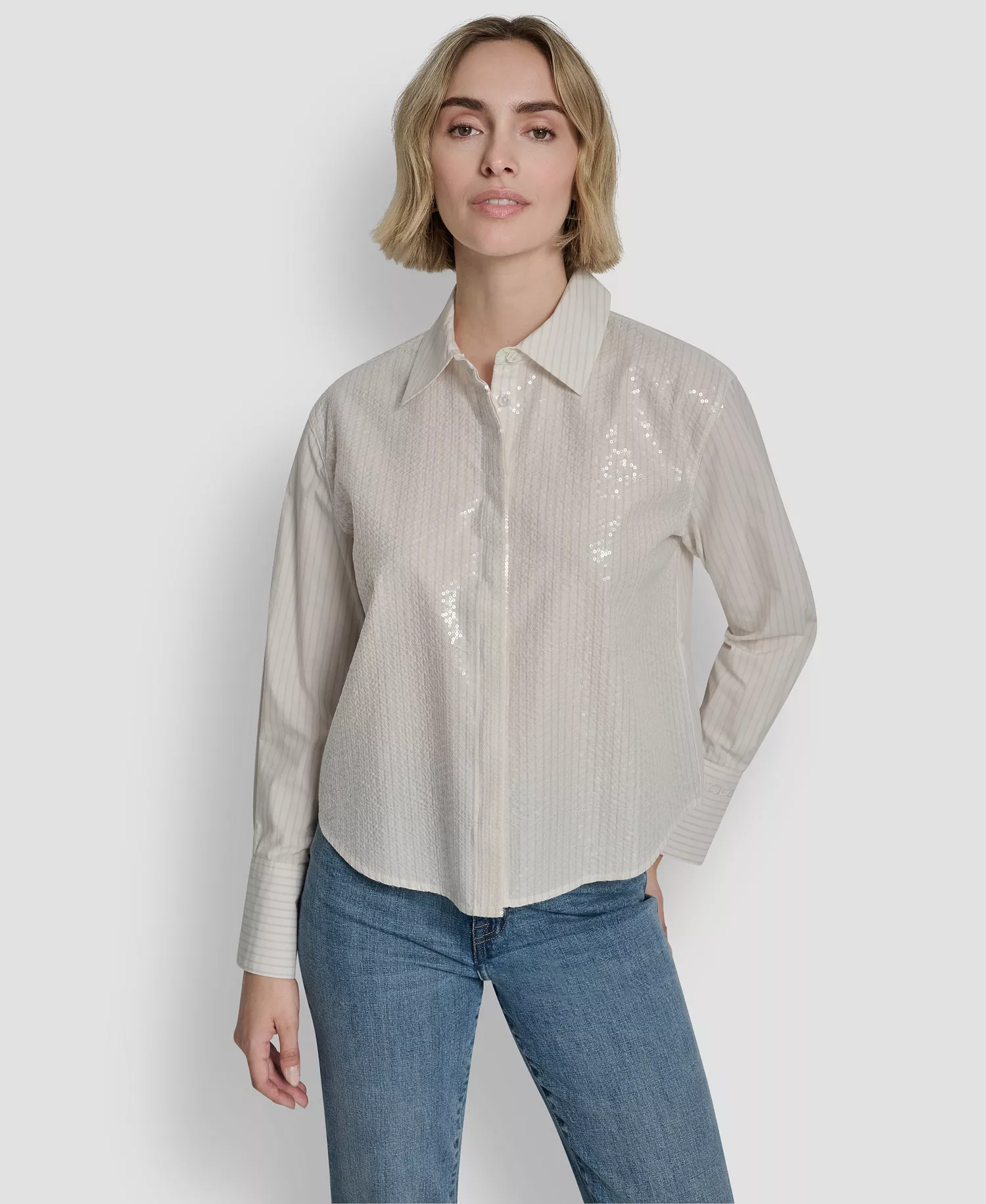 mni-9e46baf9f63933a3df6209fb474d046d Women's Logo Embroidery and Sequin Button-Front Shirt
