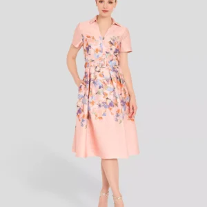 Women's Short-Sleeve Floral Belted Midi Dress
