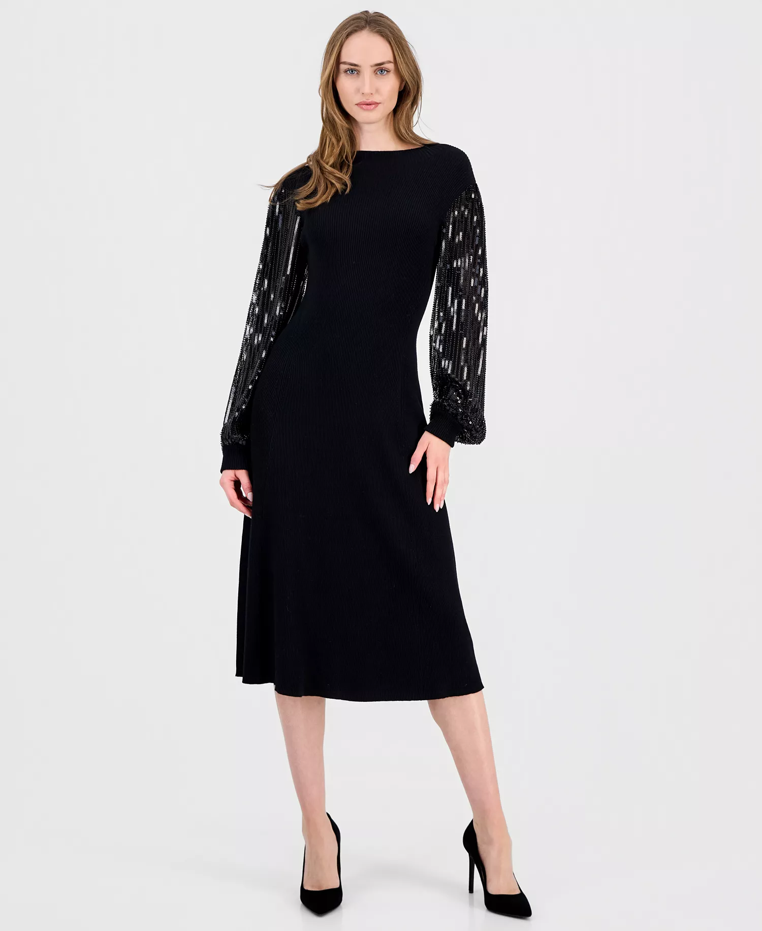 mni-a1e1d41cd58efe0e3a0104f7d3db2669 Women's Embellished-Sleeve Ribbed Dress