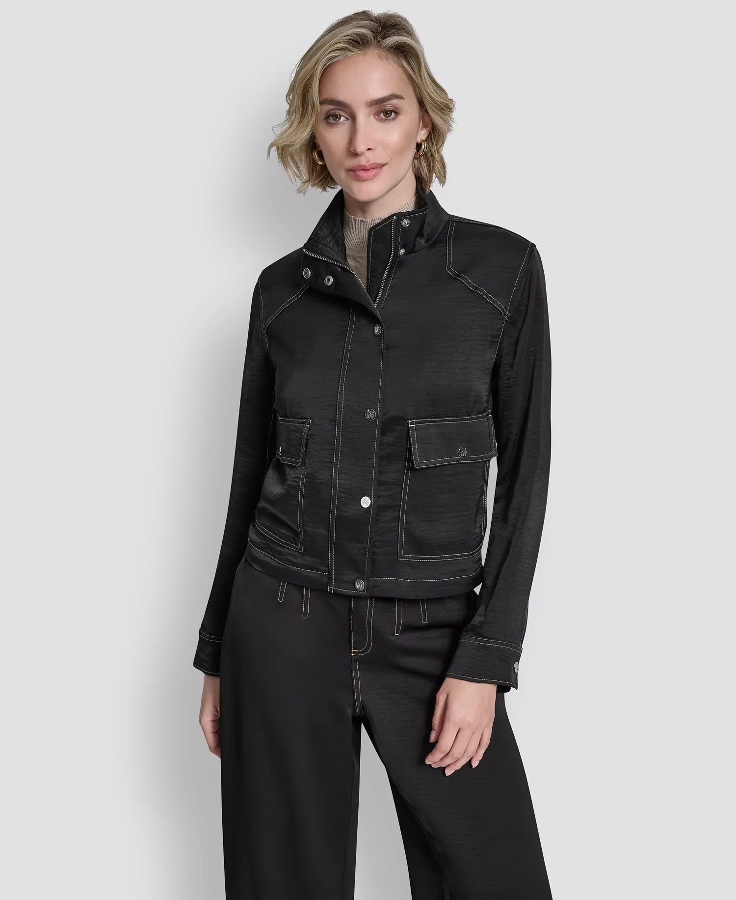 mni-a276b8a097a5ead9a9413c5a876a229e Women's Top Stitch Glazed High Mock Neck Dressing Jacket, Glazed Dressing Trousers and Long-Sleeve Exposed Seam Mesh Top with Sleeveless Camisole