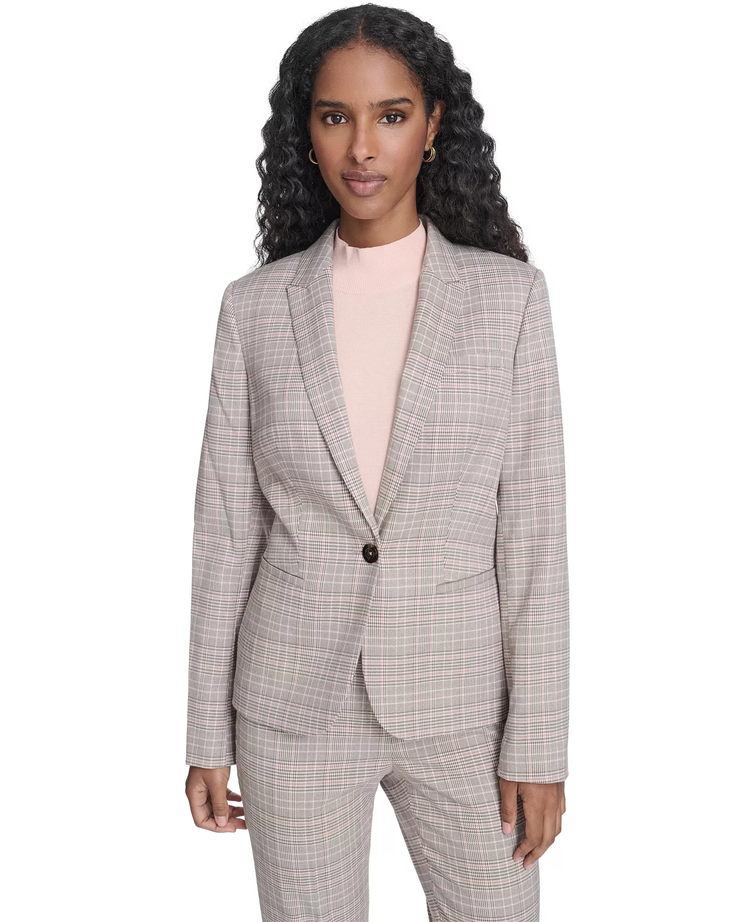 mni-a47868438719f37a9c72c0f2f11e1a6e Women's Plaid One Button Blazer Jacket, Floral Clip Draped Crew Neck Top, and Plaid Sloane Ankle Pants