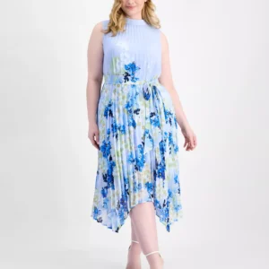 Plus Size Printed Pleated Sleeveless Midi Dress