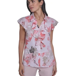 Women's Printed Cap-Sleeve Ruffle Front Top