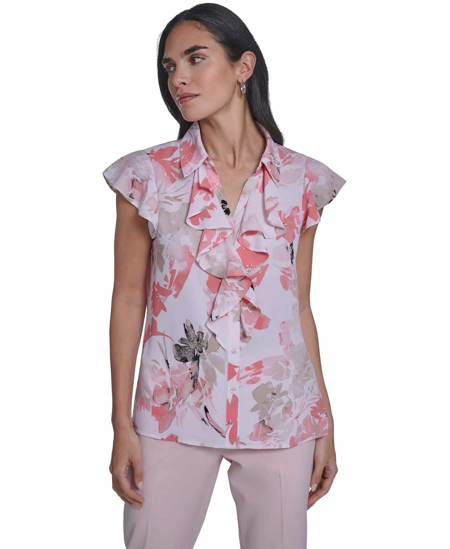 mni-a651dd397f554624d1a88b1135a350d3 Women's Printed Cap-Sleeve Ruffle Front Top