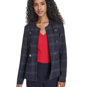 Women's Windowpane Open Front Band Jacket