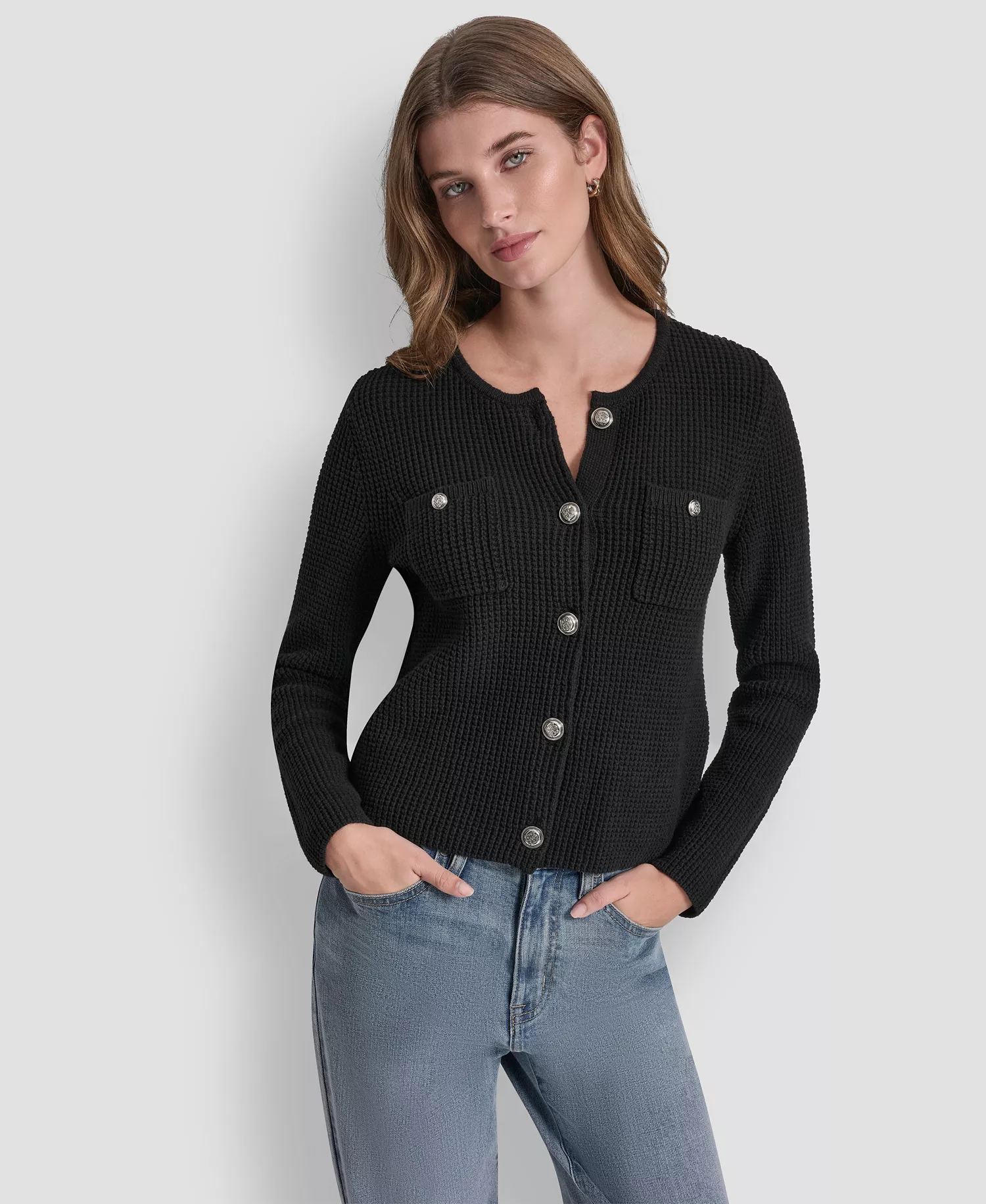 mni-a6b616f7eab1a46d119bfa74fdbdac87 Petite Tuck Stitch Long-Sleeve Cardigan