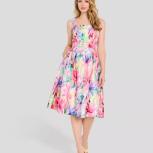 Women's Crinkle Belted Square Neck Midi Dress