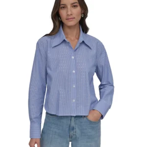 Women's Striped Poplin Studded Rhinestone Cotton Long-Sleeve Button-Front Shirt