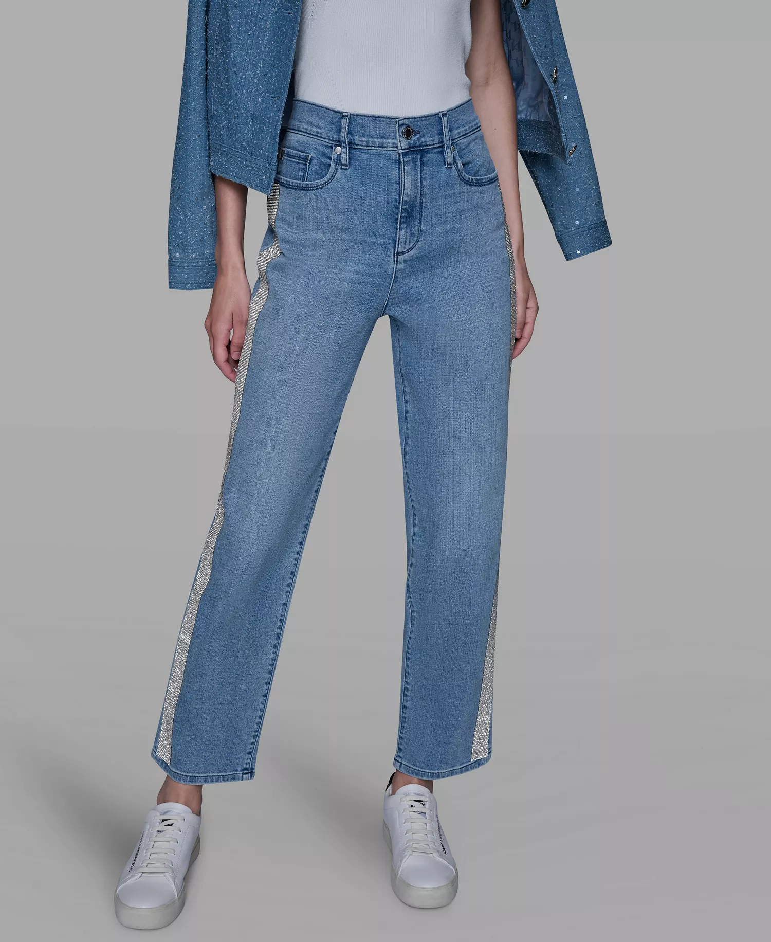 mni-a93f4d08f8264f4ad6c1844786c4808b Women's Rhinestone Stripe Detail Jeans