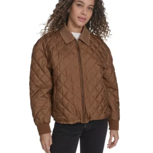Women's Diamond Quilted Bomber with Corduroy Collar