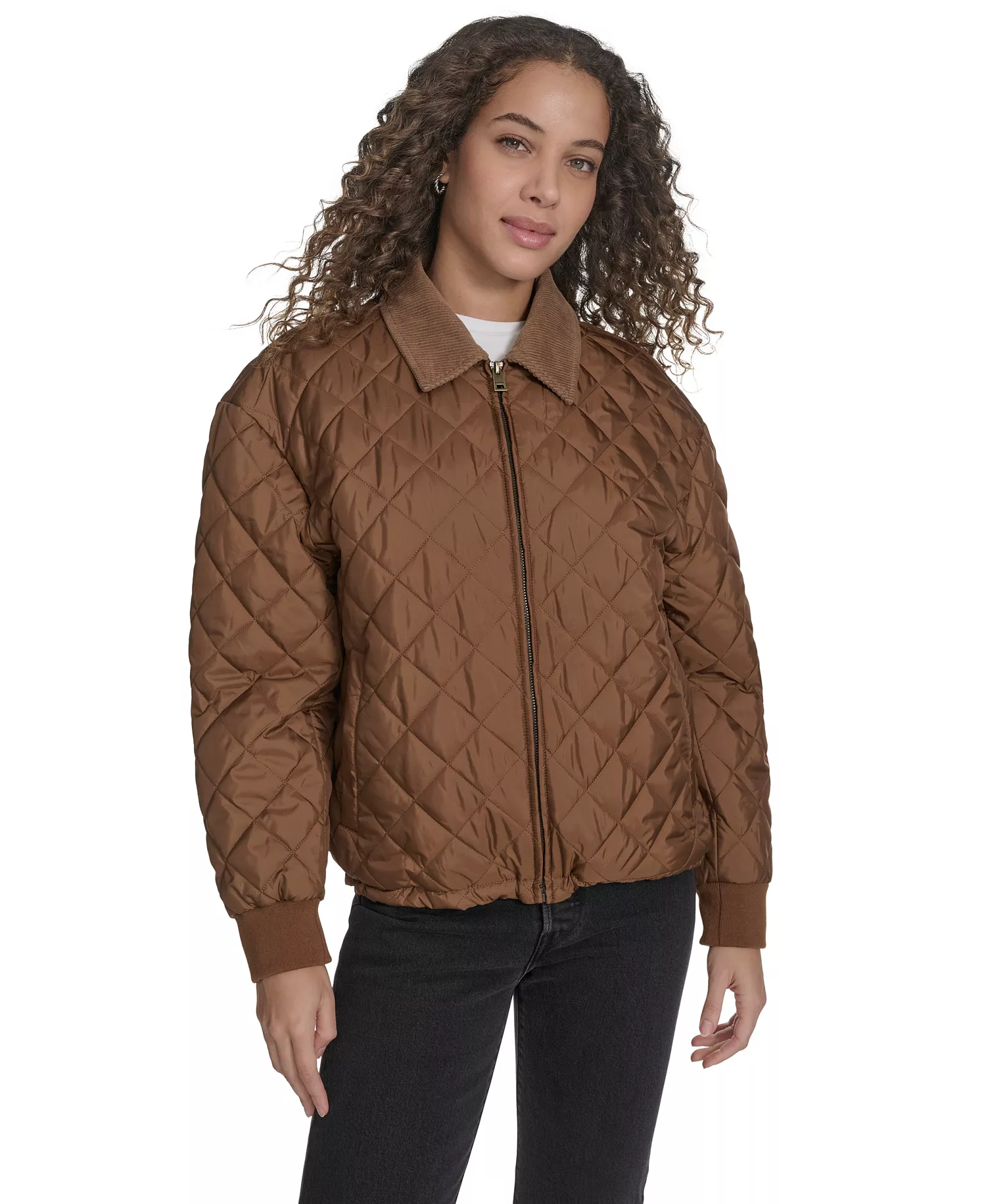 mni-a9eb327051e49f5a63dd8bd7969a4627 Women's Diamond Quilted Bomber with Corduroy Collar