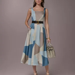 Women's Square Neck Geometric A-Line Maxi Dress