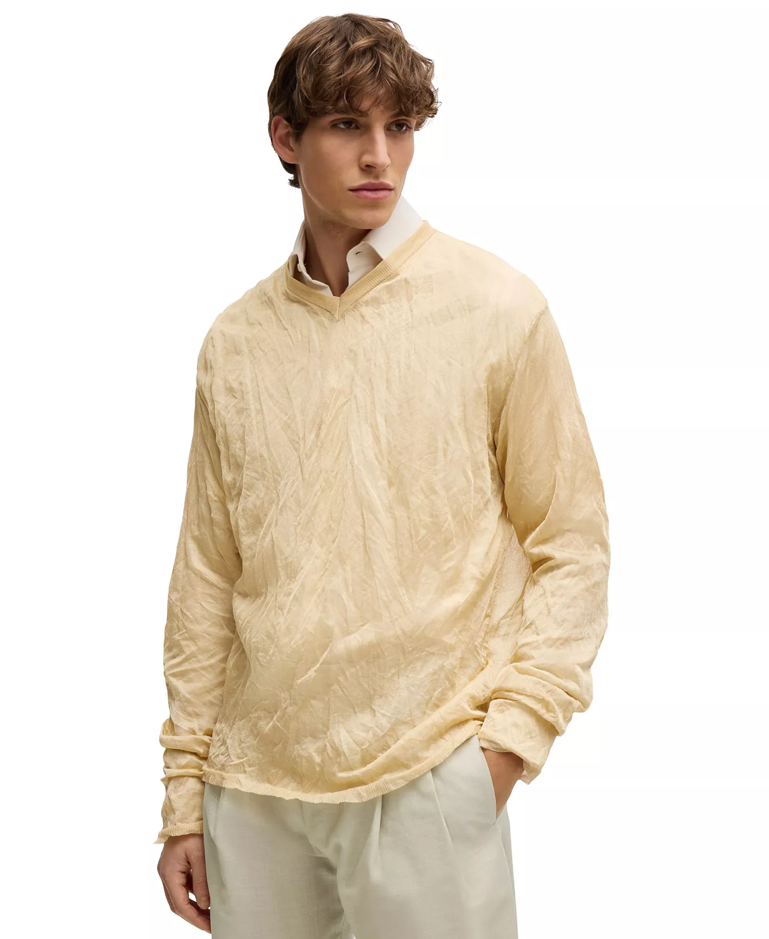 mni-af2e2b6ec2451fa6ae1d1aa6a0c276b5 Men's Crinkled Knit V-Neck Sweater
