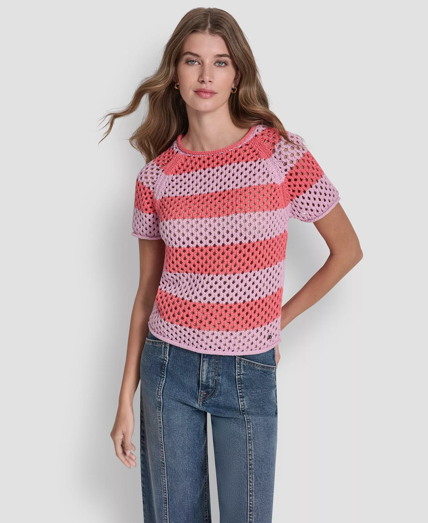 mni-afa2adbf13c3f434c29d6d01f49fb6f9 Women's Short-Sleeve Raglan Stripe Pointelle Pull-On Sweater