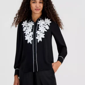 Women's Contrast-Trim Button-Down Blouse