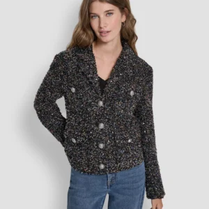Women's Sequin Boucle Button -Front Jacket