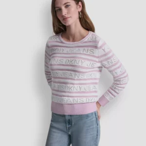 Women's Crewneck Logo Pointelle Striped Sweater