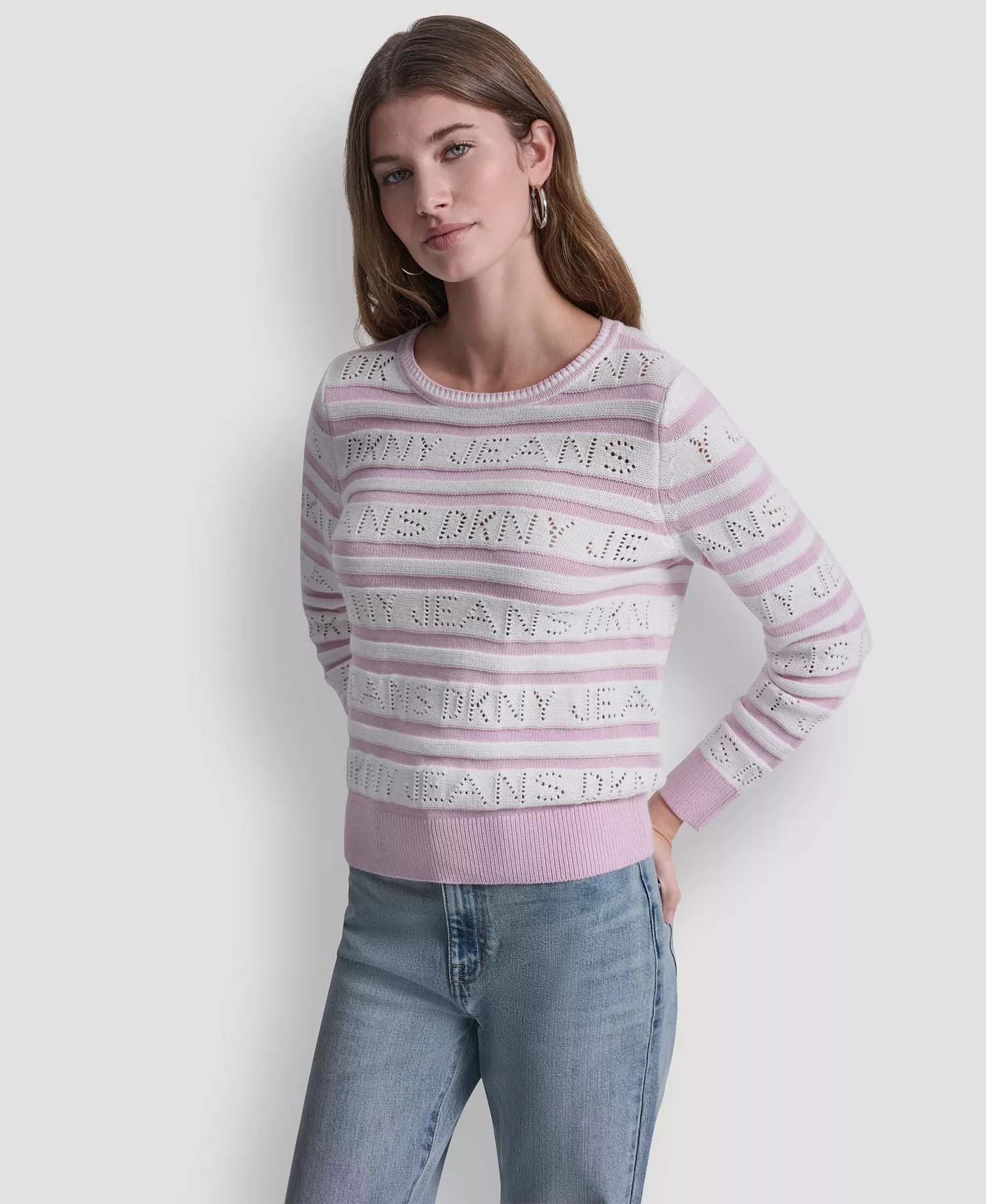 mni-b3d3f2c9409323139c34c930a6fac51e Women's Crewneck Logo Pointelle Striped Sweater